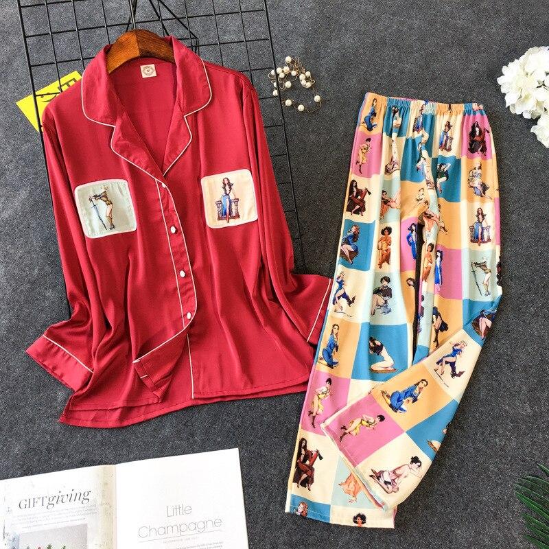 Women Printing Pajama Set Sweet Lovely Rayon Long Sleeve Trousers Twinset - MinoExpress