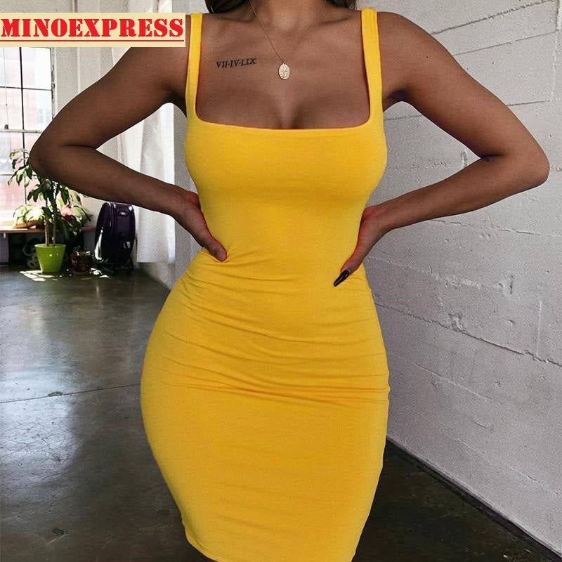 Women Square Neck Sleeveless Mini Dress Bodycon Sexy Backless Party Bodycon