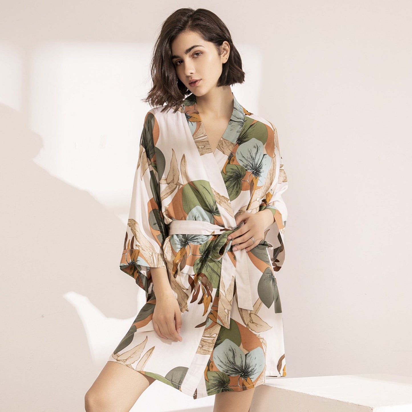 Women Sexy Lingerie Cotton Bathrobe Flower Print Satin Nightgowns Sleepwear