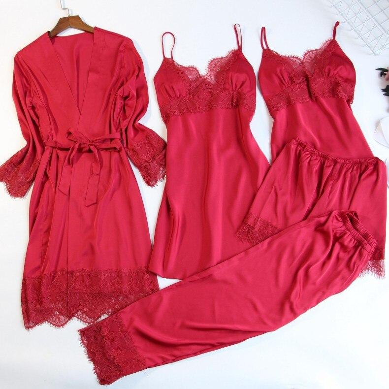 5 PCS Women Pajama Set Sexy Lace Satin Sleepwear With Chest Pads - MinoExpress