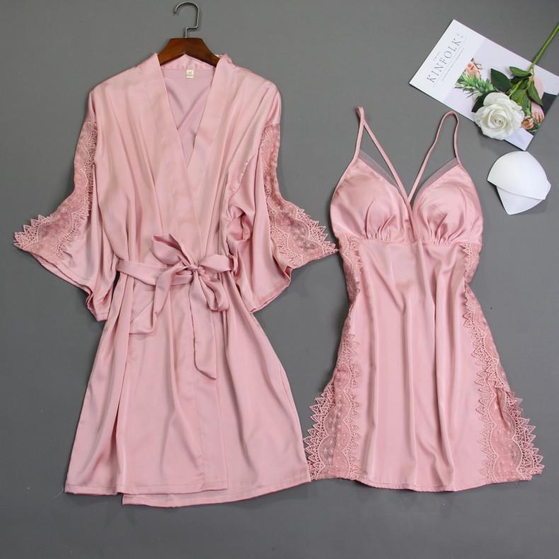 Women Satin Lace Sleepwear 2 PCS Nightgown Sexy Robe Set Bridesmaid Intimate - MinoExpress