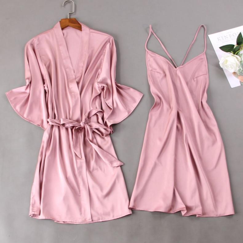 Women Satin Lace Sleepwear 2 PCS Nightgown Sexy Robe Set Bridesmaid Intimate - MinoExpress