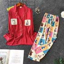 Women Printing Pajama Set Sweet Lovely Rayon Long Sleeve Trousers Twinset - MinoExpress