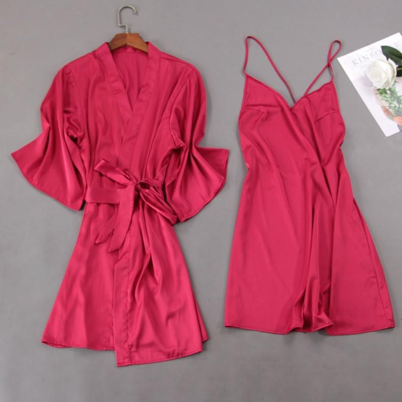 Women Satin Lace Sleepwear 2 PCS Nightgown Sexy Robe Set Bridesmaid Intimate - MinoExpress