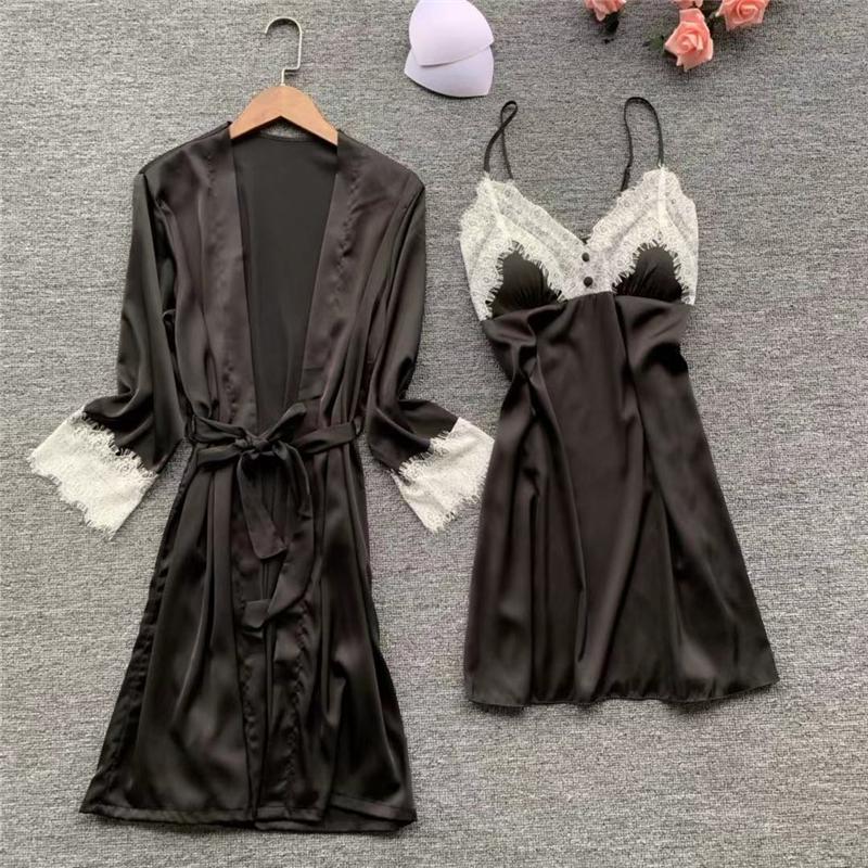 Women Satin Lace Sleepwear 2 PCS Nightgown Sexy Robe Set Bridesmaid Intimate - MinoExpress