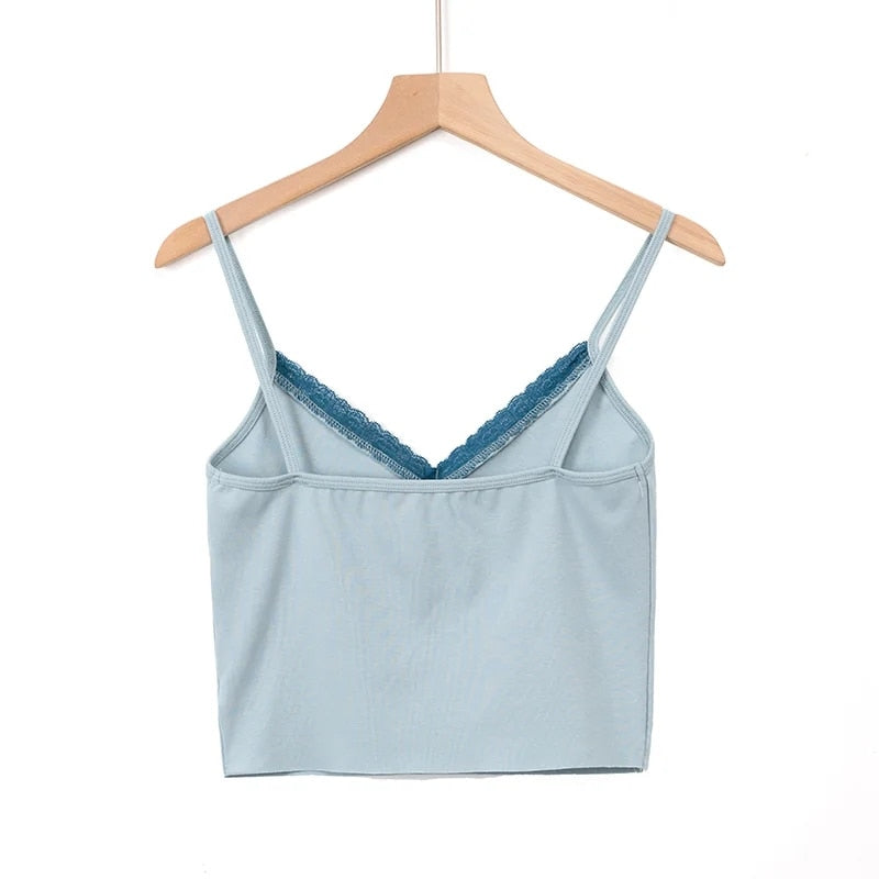 Women V-Neck Cropped Cami Top With Lace Vest Tank