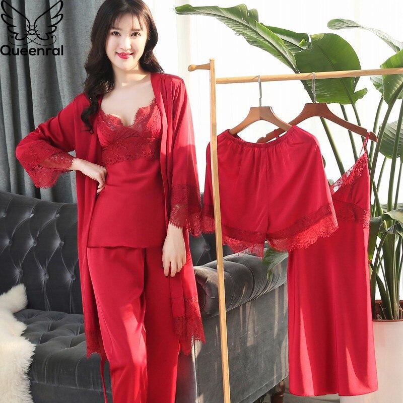 5 PCS Women Pajama Set Sexy Lace Satin Sleepwear With Chest Pads - MinoExpress