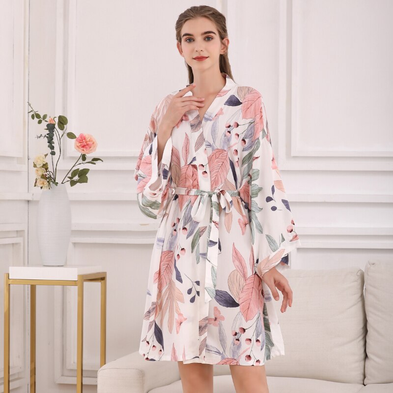 Women Sexy Lingerie Cotton Bathrobe Flower Print Satin Nightgowns Sleepwear