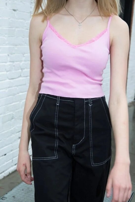 Women V-Neck Cropped Cami Top With Lace Vest Tank