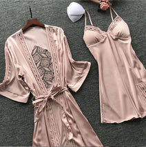 Women Satin Lace Sleepwear 2 PCS Nightgown Sexy Robe Set Bridesmaid Intimate - MinoExpress