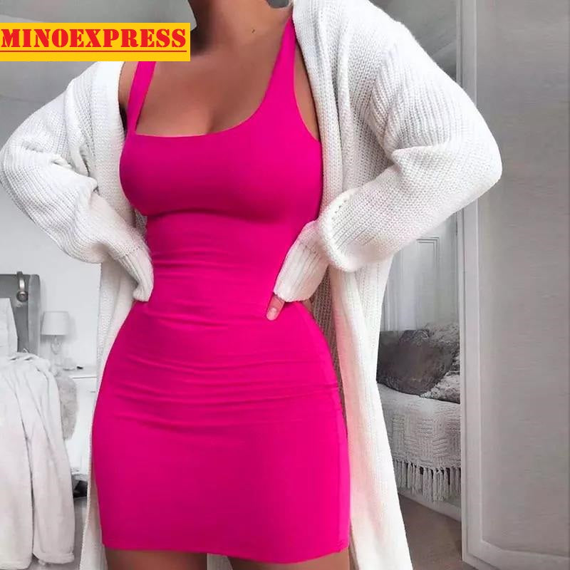Women Square Neck Sleeveless Mini Dress Bodycon Sexy Backless Party Bodycon