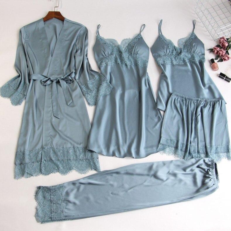 5 PCS Women Pajama Set Sexy Lace Satin Sleepwear With Chest Pads - MinoExpress