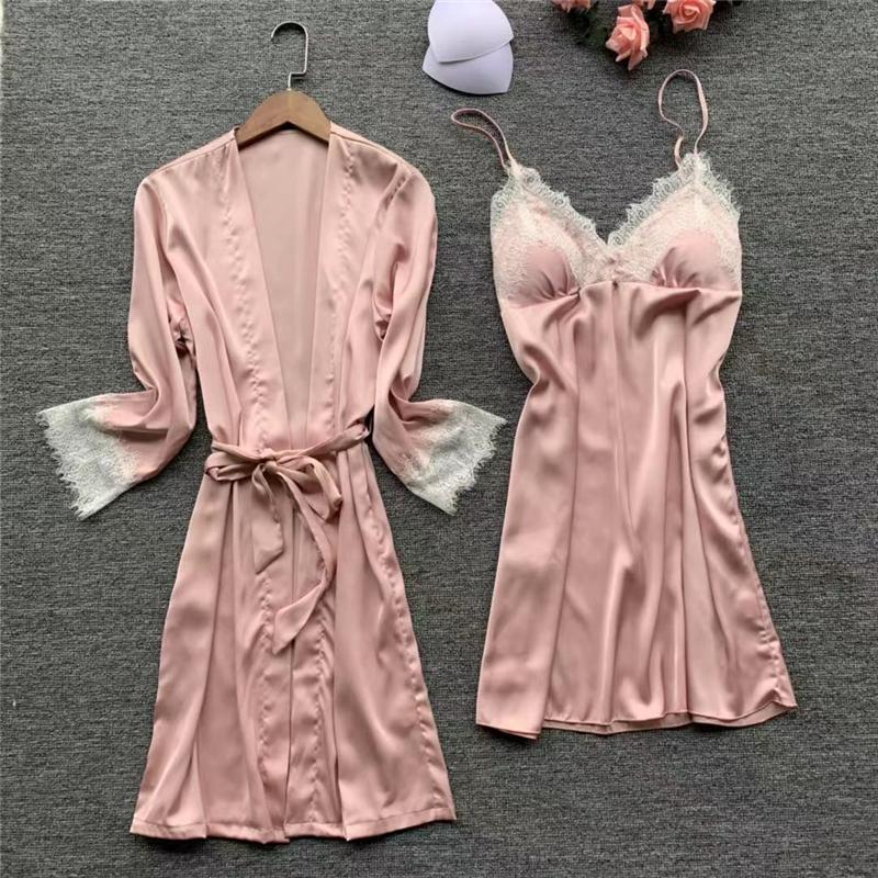 Women Satin Lace Sleepwear 2 PCS Nightgown Sexy Robe Set Bridesmaid Intimate - MinoExpress