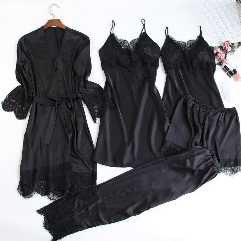 5 PCS Women Pajama Set Sexy Lace Satin Sleepwear With Chest Pads - MinoExpress