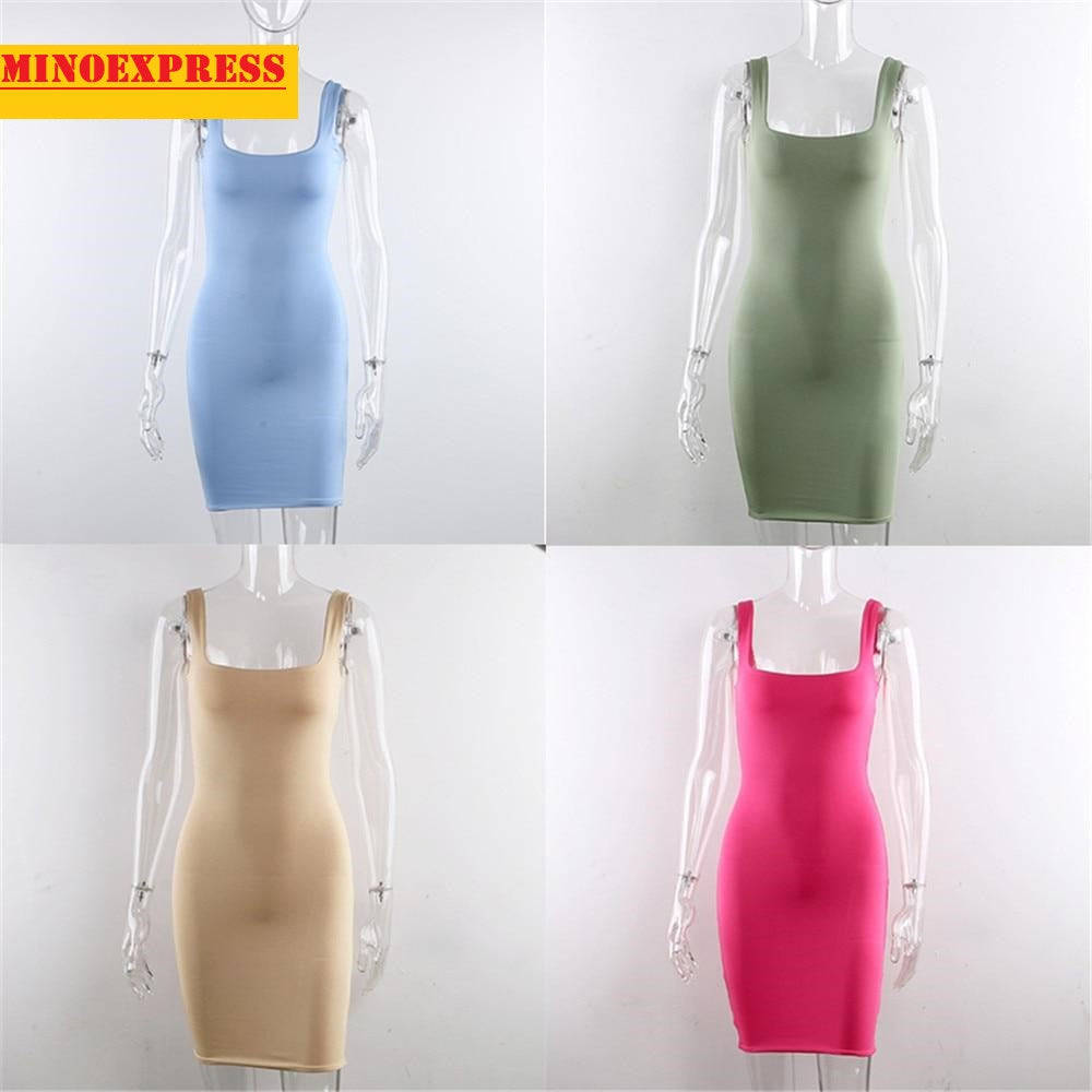 Women Square Neck Sleeveless Mini Dress Bodycon Sexy Backless Party Bodycon