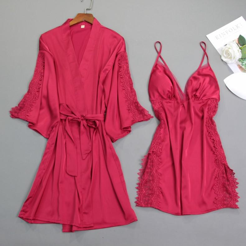 Women Satin Lace Sleepwear 2 PCS Nightgown Sexy Robe Set Bridesmaid Intimate - MinoExpress