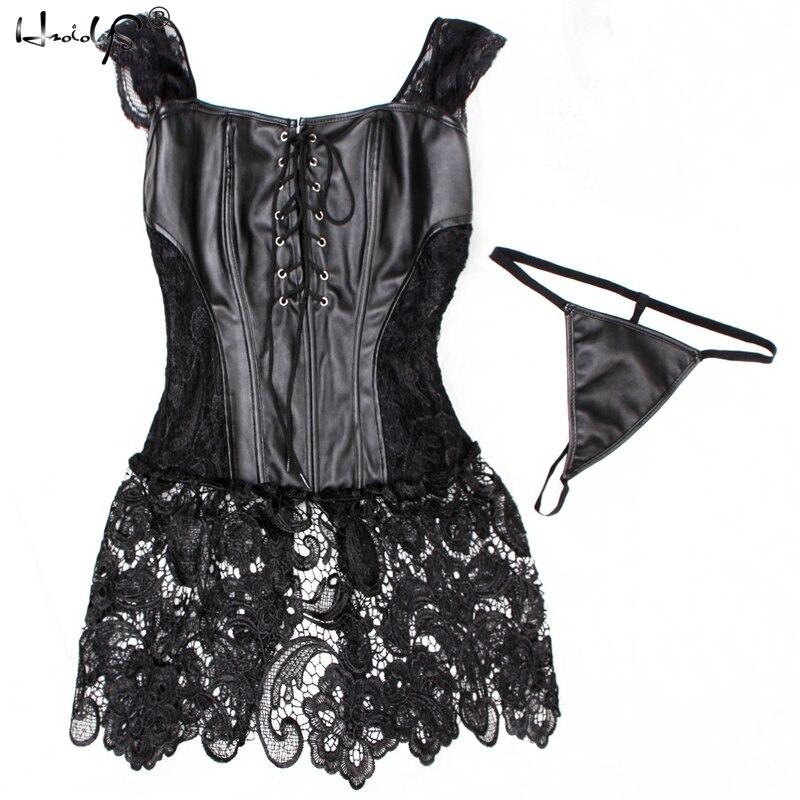 Women Hot Club Dress Sexy Clubwear Plus Size Leather Corset Dress Lace Nightgown - MinoExpress