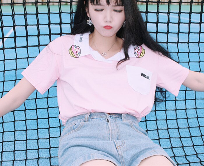 Women Candy Color Cake Casual Loose Summer Polo Shirt