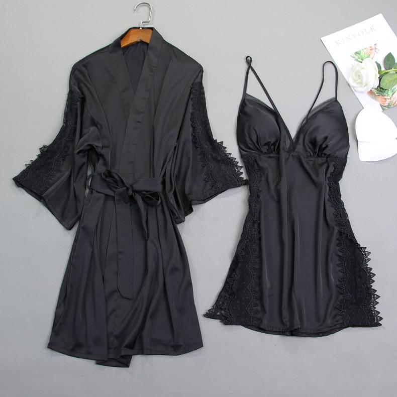 Women Satin Lace Sleepwear 2 PCS Nightgown Sexy Robe Set Bridesmaid Intimate - MinoExpress
