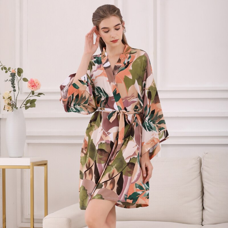 Women Sexy Lingerie Cotton Bathrobe Flower Print Satin Nightgowns Sleepwear