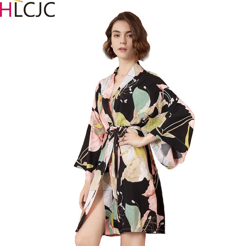 Women Sexy Lingerie Cotton Bathrobe Flower Print Satin Nightgowns Sleepwear