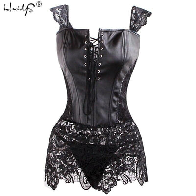 Women Hot Club Dress Sexy Clubwear Plus Size Leather Corset Dress Lace Nightgown - MinoExpress