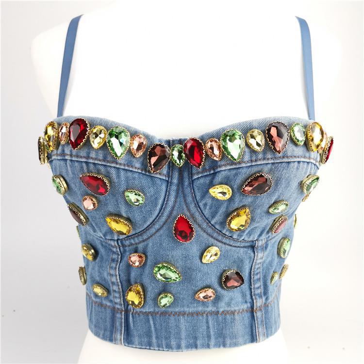 Women Crop Top Tank Sexy Cami Push Up Denim Bra Backless Party Club Vest
