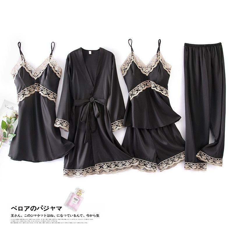 4 Pcs Women Set Sexy Pajamas Sleepwear Sleep Lounge With Chest Pads