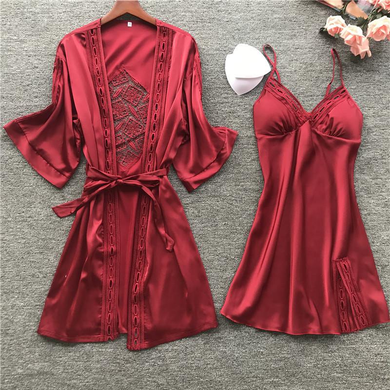 Women Satin Lace Sleepwear 2 PCS Nightgown Sexy Robe Set Bridesmaid Intimate - MinoExpress