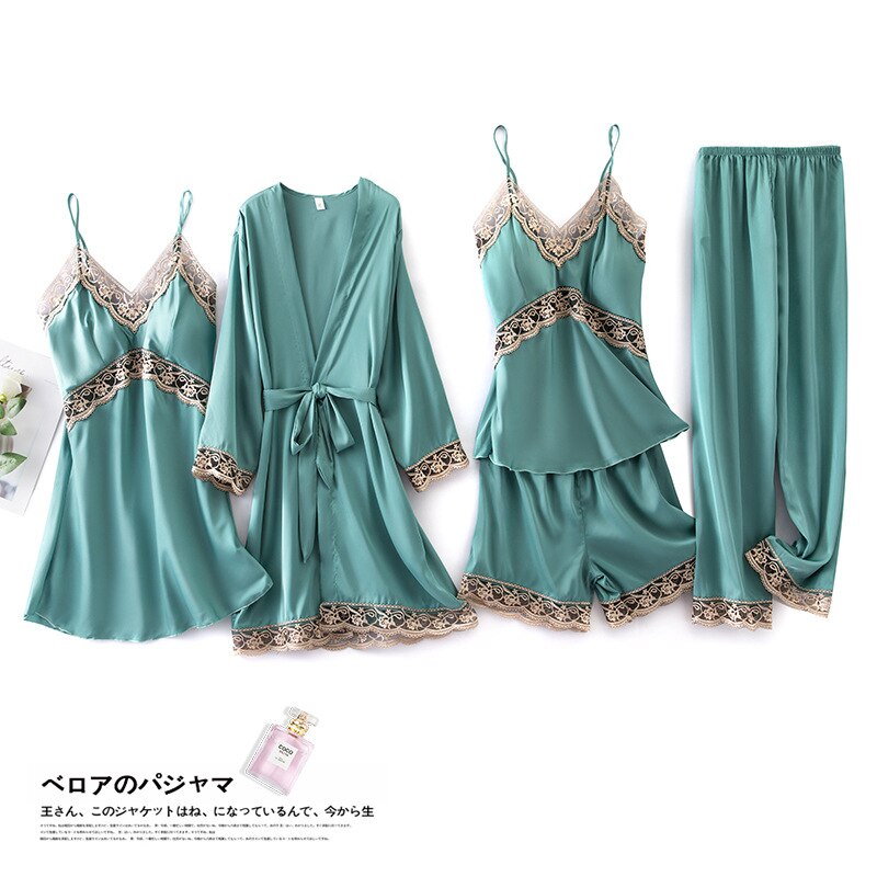 4 Pcs Women Set Sexy Pajamas Sleepwear Sleep Lounge With Chest Pads