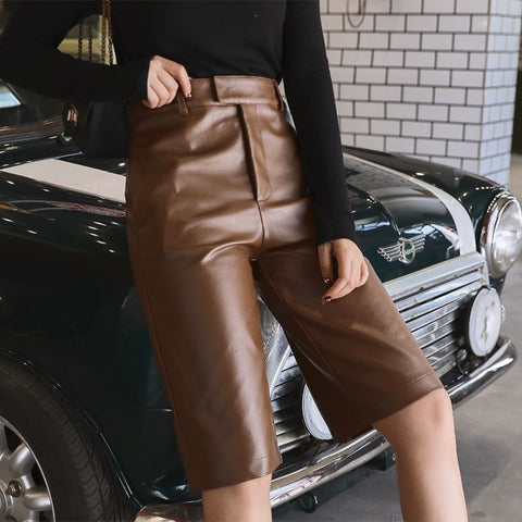 Women British Style PU Leather Short High Waist Trouser Plus Size