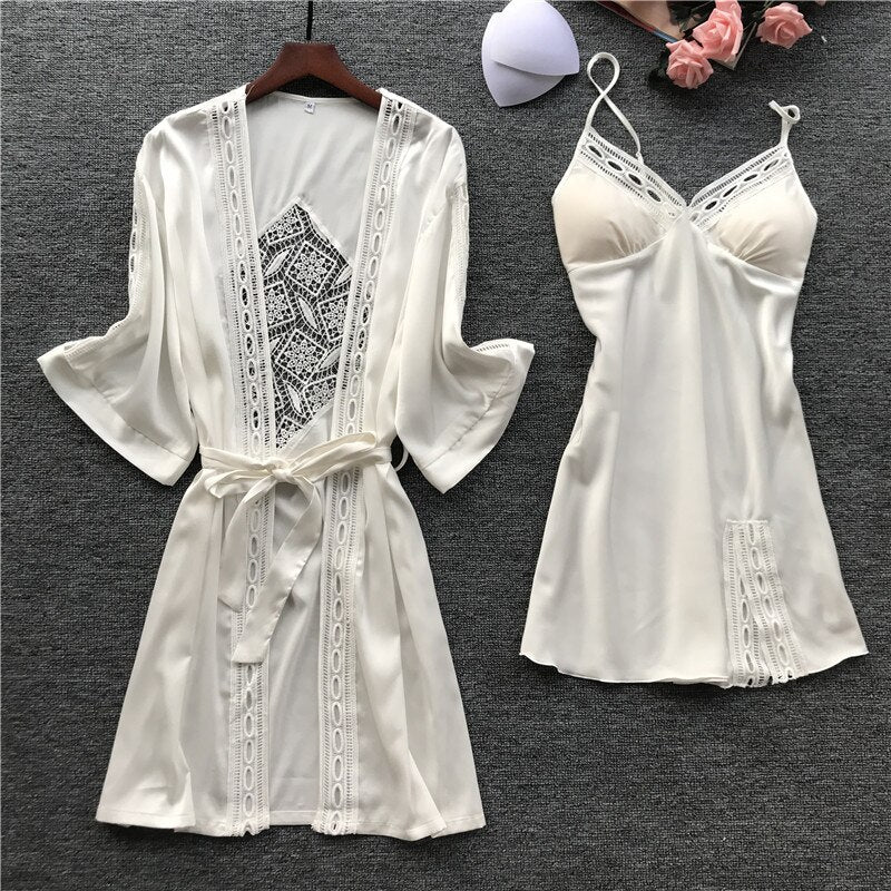 Women Satin Lace Sleepwear 2 PCS Nightgown Sexy Robe Set Bridesmaid Intimate - MinoExpress