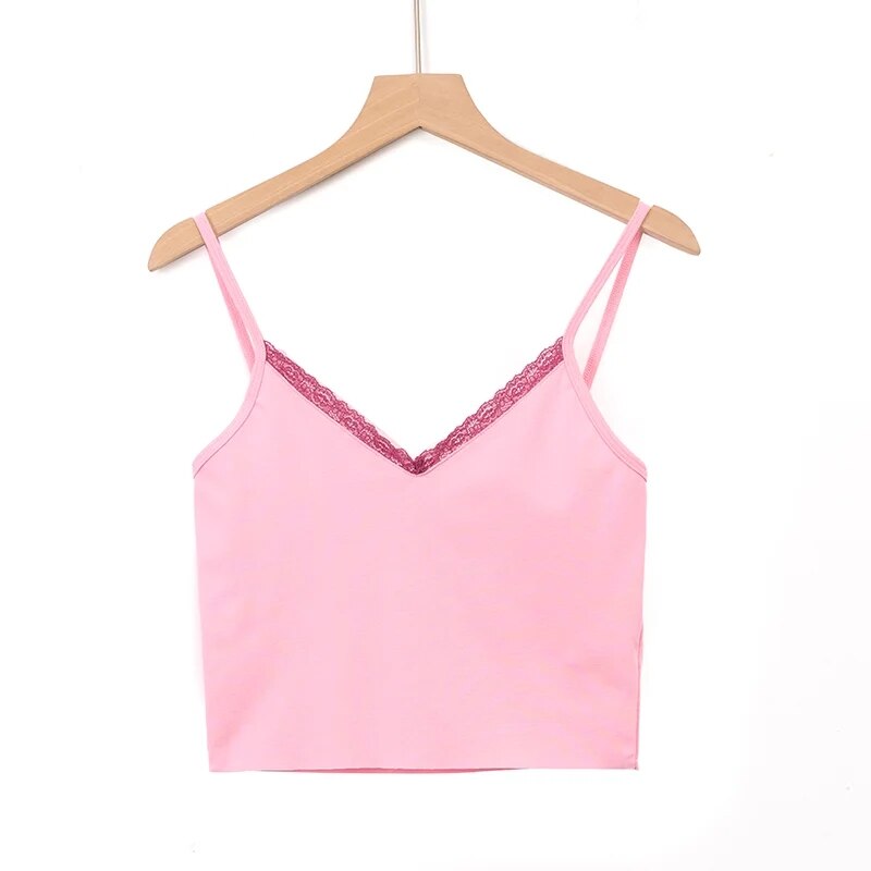 Women V-Neck Cropped Cami Top With Lace Vest Tank