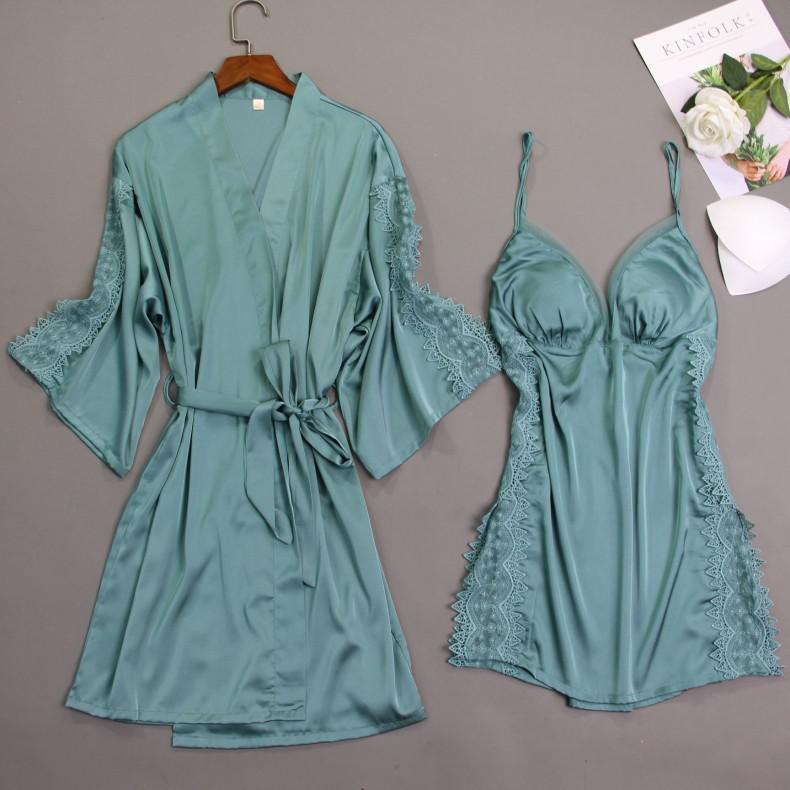 Women Satin Lace Sleepwear 2 PCS Nightgown Sexy Robe Set Bridesmaid Intimate - MinoExpress