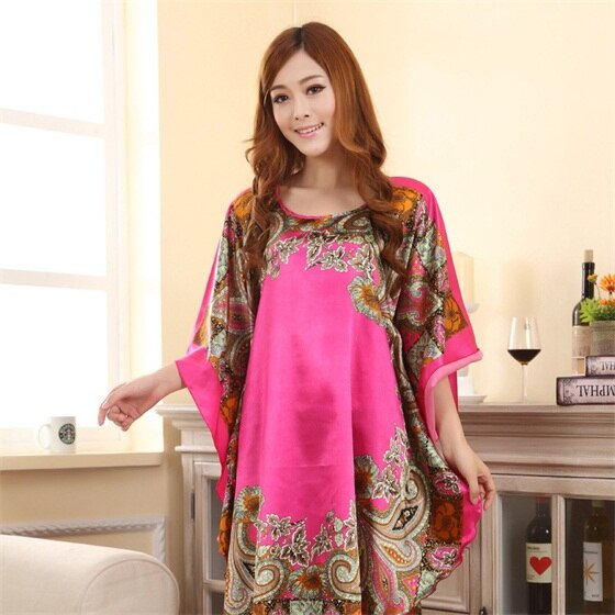 Women Chinese Style Silk Rayon Robe Sexy Loose Home Dress Bath Gown