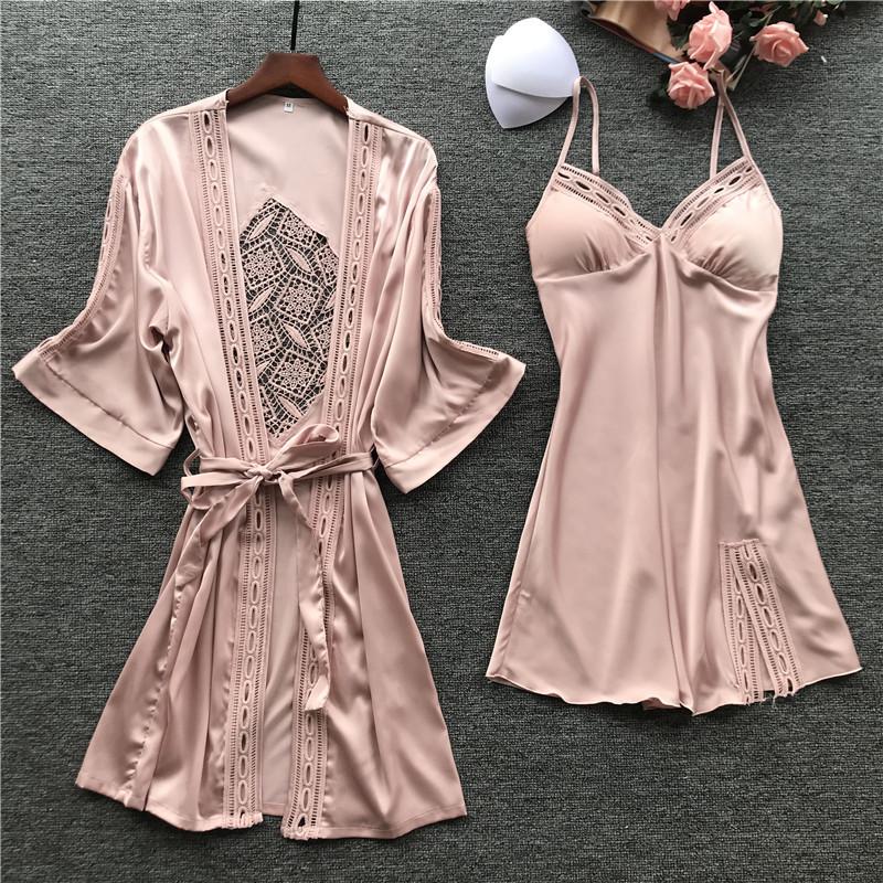 Women Satin Lace Sleepwear 2 PCS Nightgown Sexy Robe Set Bridesmaid Intimate - MinoExpress