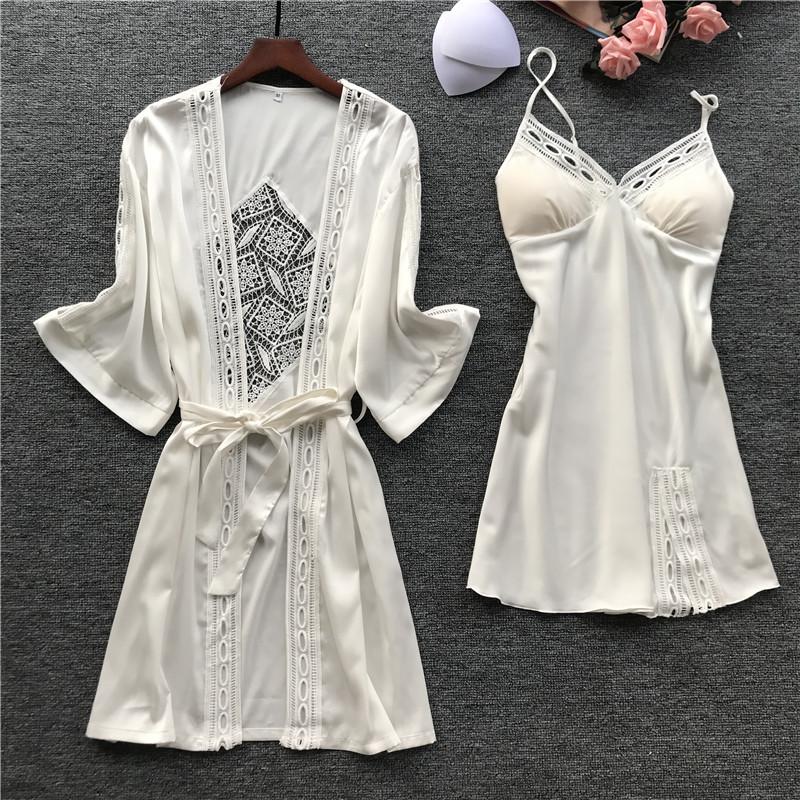Women Satin Lace Sleepwear 2 PCS Nightgown Sexy Robe Set Bridesmaid Intimate - MinoExpress