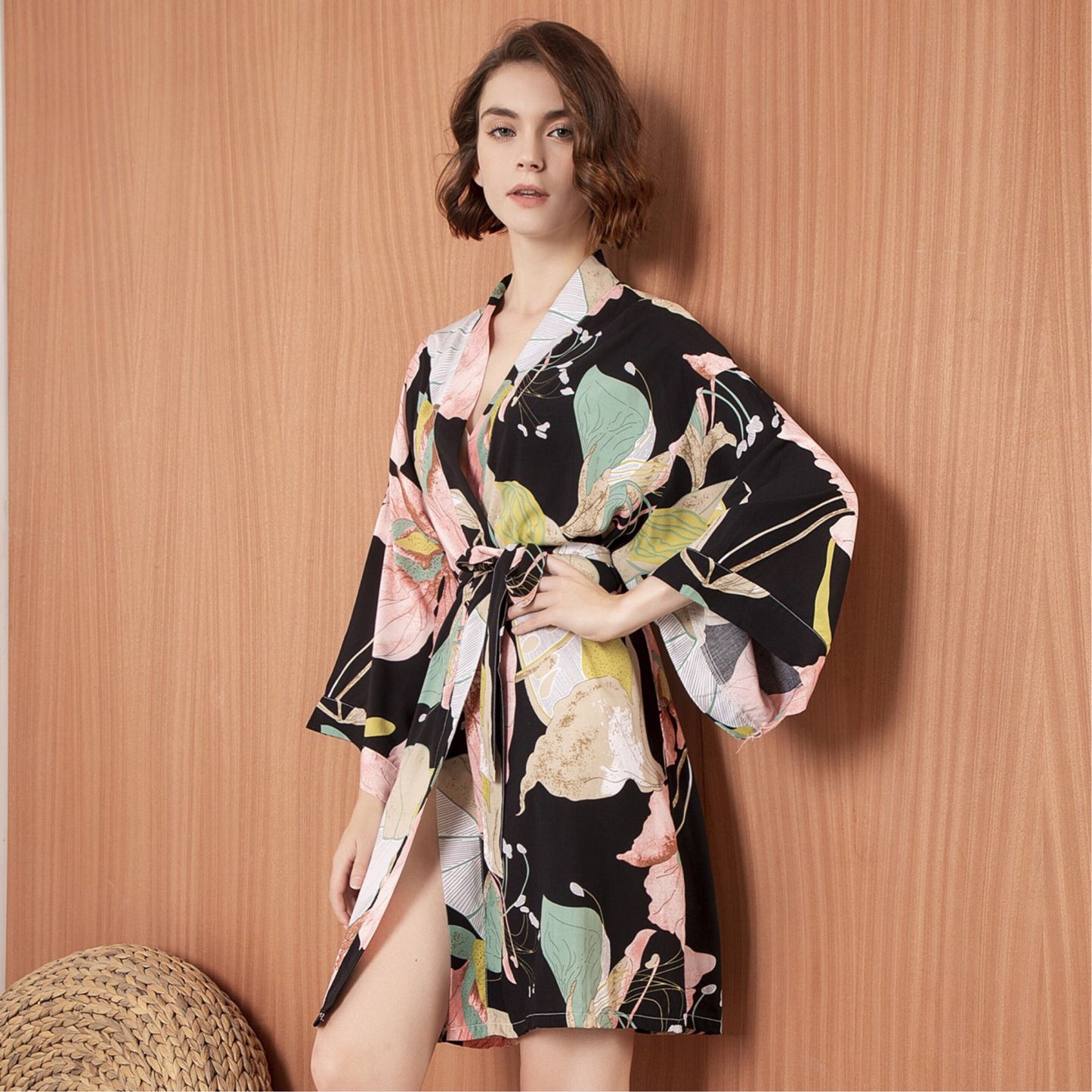 Women Sexy Lingerie Cotton Bathrobe Flower Print Satin Nightgowns Sleepwear