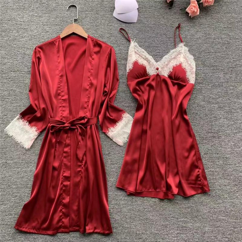 Women Satin Lace Sleepwear 2 PCS Nightgown Sexy Robe Set Bridesmaid Intimate - MinoExpress