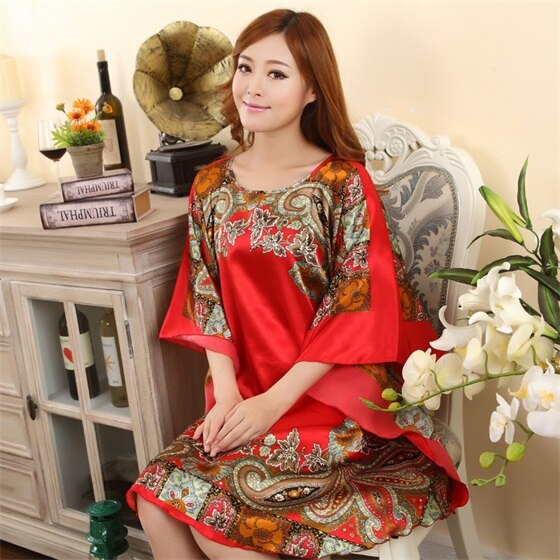Women Chinese Style Silk Rayon Robe Sexy Loose Home Dress Bath Gown