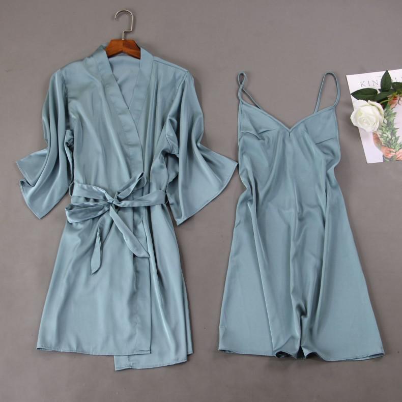Women Satin Lace Sleepwear 2 PCS Nightgown Sexy Robe Set Bridesmaid Intimate - MinoExpress