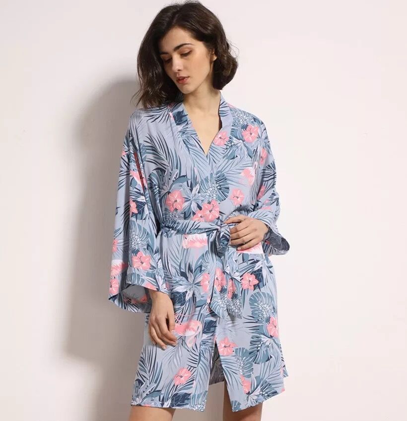 Women Sexy Lingerie Cotton Bathrobe Flower Print Satin Nightgowns Sleepwear