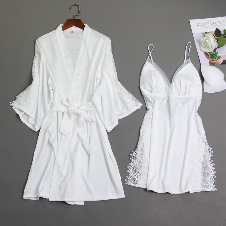 Women Satin Lace Sleepwear 2 PCS Nightgown Sexy Robe Set Bridesmaid Intimate - MinoExpress