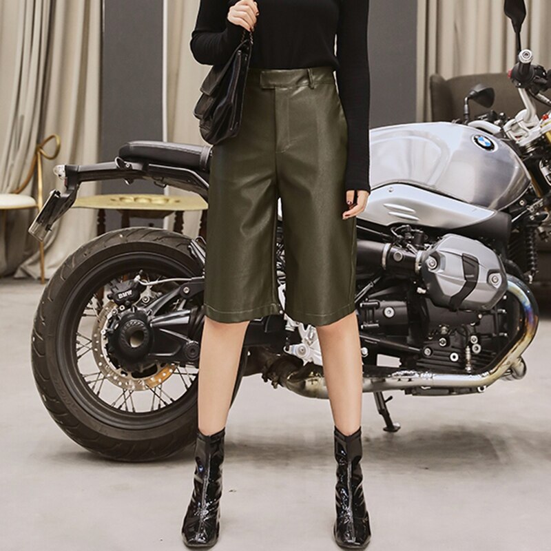 Women British Style PU Leather Short High Waist Trouser Plus Size