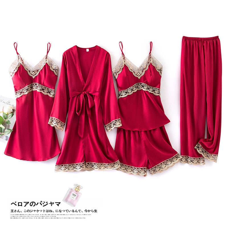 4 Pcs Women Set Sexy Pajamas Sleepwear Sleep Lounge With Chest Pads