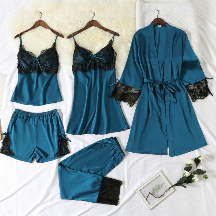 5 Pcs Sleepwear Women Sexy Robe Gown Silky Sleepwear Nightgown