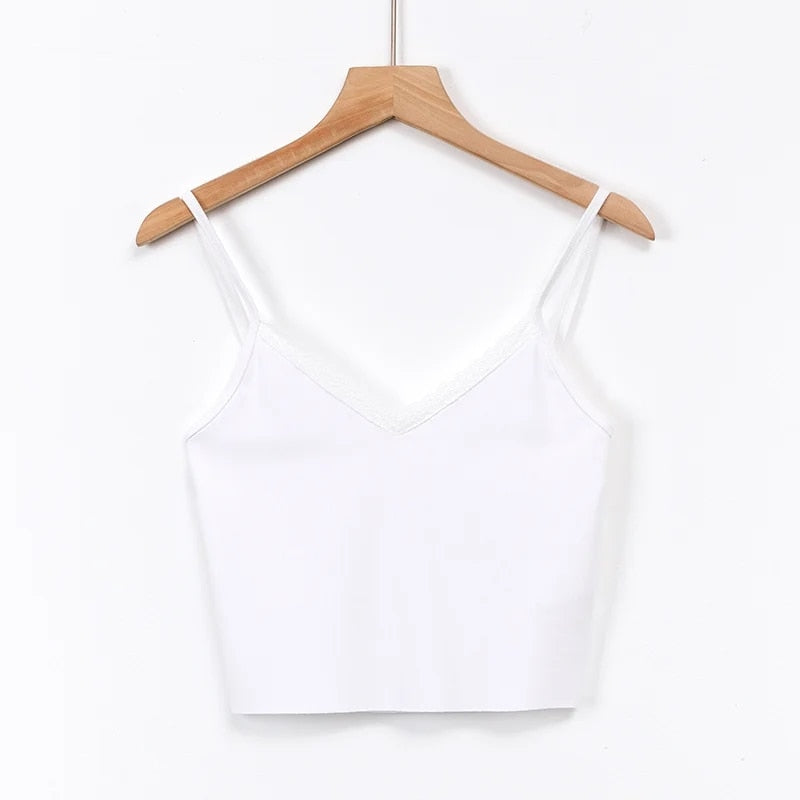 Women V-Neck Cropped Cami Top With Lace Vest Tank