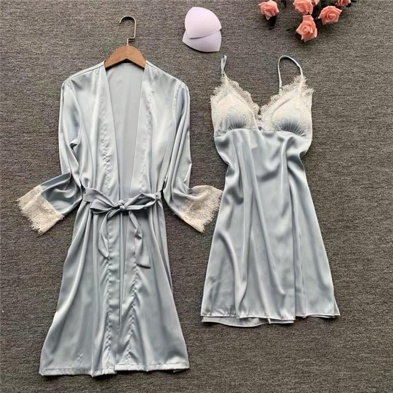 Women Satin Lace Sleepwear 2 PCS Nightgown Sexy Robe Set Bridesmaid Intimate - MinoExpress