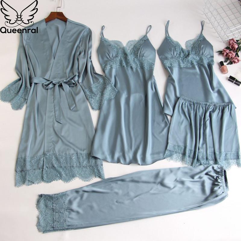 5 PCS Women Pajama Set Sexy Lace Satin Sleepwear With Chest Pads - MinoExpress