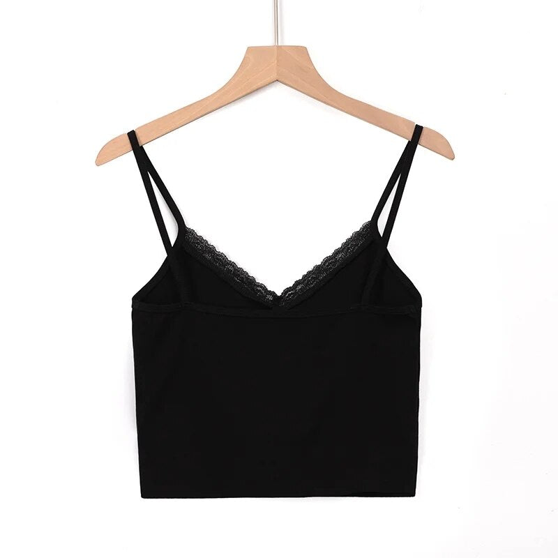 Women V-Neck Cropped Cami Top With Lace Vest Tank